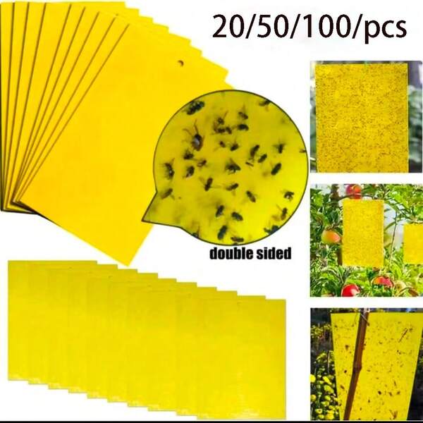 20/50/100pcs All Season Strong Double-Sided Sticky Fly Trap Sheets, Yellow Color To Attract Insects, Flies And Gnats, Suitable For Indoor & Outdoor, Garden, Fruit Trees - Reusable Moth Trap, Suitable For Indoor, Outdoor, Garden, Lawn, Landfill, Cuttable, UV-Resistant, PP Material [Random Color Variation In Packaging]