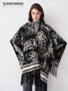 1 件女士风景印花涤纶休闲保暖厚披肩，适合秋冬季日常使用 - 黑色 - 查看 3