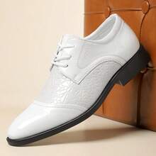 Men's White Embossed Formal Dress Leather Shoes, Patent Leather British Style Groom Wedding Shoes, Lace-Up Office Commute Formal Shoes - White - View 8