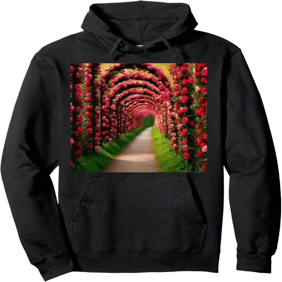 Rose Trellis Pathway Flower Pattern Art Vaine Day Print Pullover Hoodie - 黑21 - 查看 1