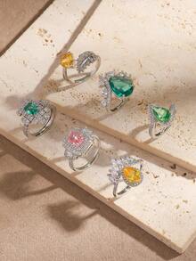 1 Stück verstellbarer Kupferring mit weißer Goldplattierung und Zirkonia-Diamanten, luxuriöser tropfenförmiger offener Ring, Kronenring, geometrischer Ring, Paraiba-Turmalin-Ring, Geschenk zu Feiertagen/Geburtstag