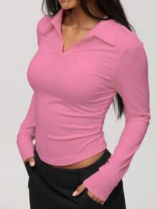 Ropa deportiva para mujer, top de manga larga con cuello polo y escote en V, de ajuste ceñido, adecuado para ocio al aire libre, correr, deportes, yoga y ejercicio, color rosa primaveral - Rosa - Ver 6
