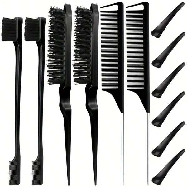 12pcs Hair Brush Set, Includes 3-Row Nylon Salon Detangling Brush, Double-Sided Detangling Brush, Rat Tail Comb With Alligator Hair Clip ,Hair Styling Kit ,Hair Tool Kit ,Hair Styling Tools