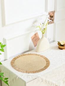 1pc/4pcs/6pcs/8pcs Beige/Khaki Round Seagrass Dual-Tone Tassel Placemats, Heat-Resistant Non-Slip Kitchen Table Mats, Insulation Pads, Coasters, Dining Table Decor For Party, Gathering, Family Meal