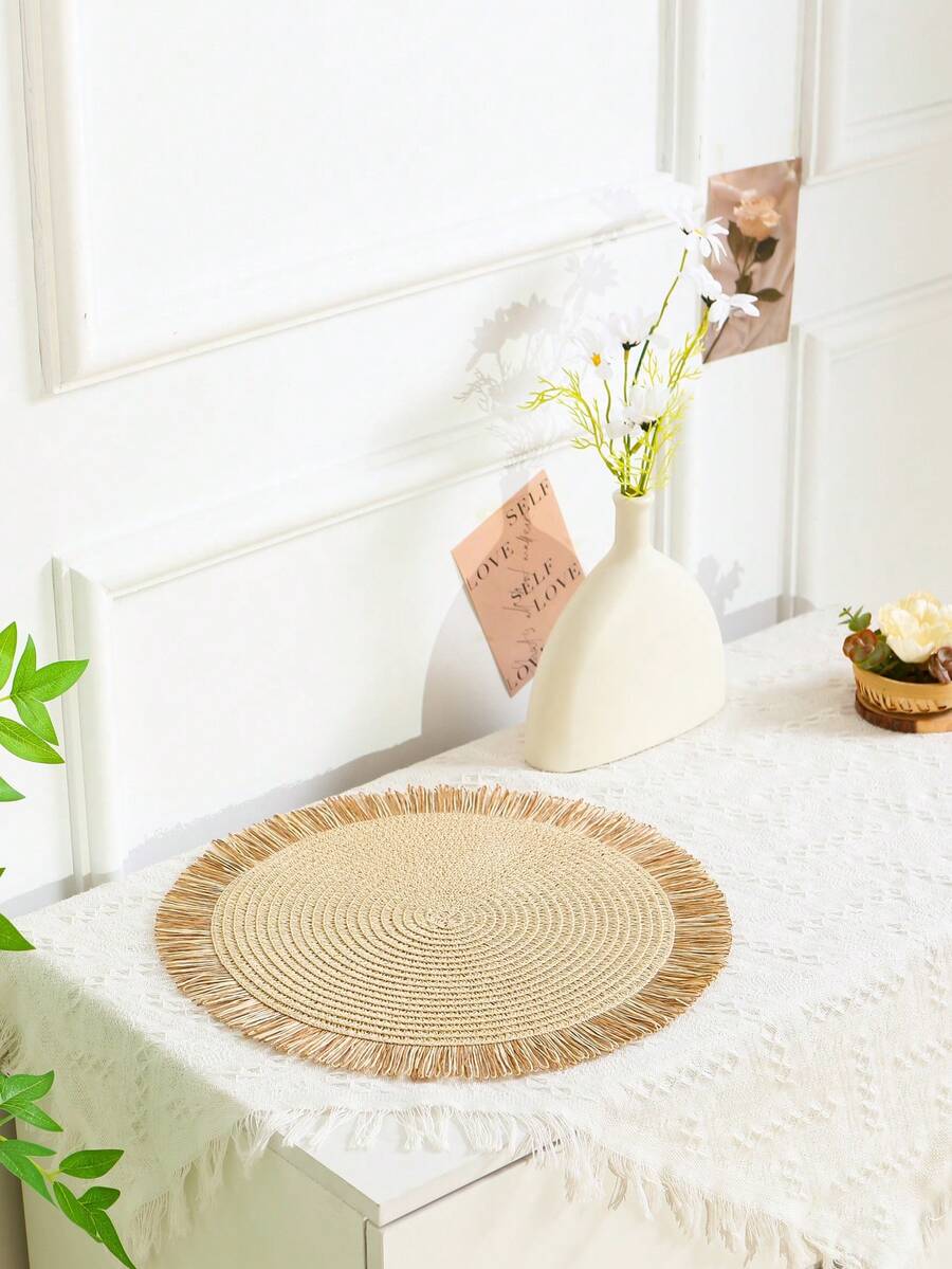 1pc/4pcs/6pcs/8pcs Beige/Khaki Round Seagrass Dual-Tone Tassel Placemats, Heat-Resistant Non-Slip Kitchen Table Mats, Insulation Pads, Coasters, Dining Table Decor For Party, Gathering, Family Meal