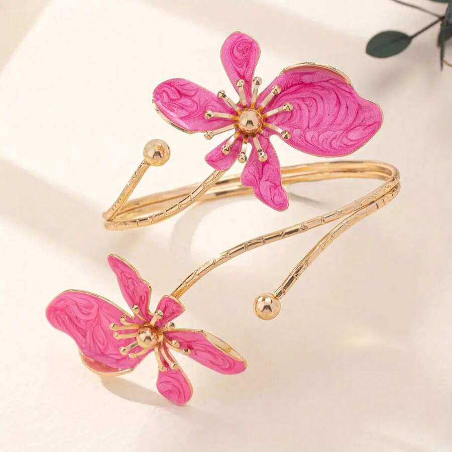 Flower-Patterned Open Cuff Bracelet - Fashion Sexy & Adjustable, Suitable For Daily, Vacation & Party Outfits - Pink - View 1