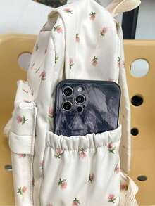 Fashionable Printed Rose Girl's Backpack With Multiple Compartments And Pockets, Thick Student Backpack, Waterproof Backpack, Wearing Teddy Bear Pendant Accessories, Large Capacity, Literary School Bag For Teens, Book Bag For Women Or Students, Perfect For Books, Shopping, Back To School And More, School Essential Stuff For Women, Girls & Students, Perfectly Matching With Backpack Accessories, Bag For School College, Preppy Backpack For School Back To School Essentials, Bags For University, University Essentials - 白色 - 查看 10