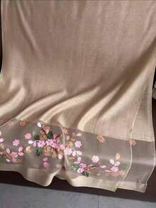 1 件仿丝刺绣海棠花围巾，时尚百搭，适合秋冬 - 卡其色 - 查看 3