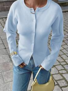 Live To Mo黑色长袖纽扣开衫，休闲Y2K风格。非常适合情人节、外出和日常穿着。 - 藍色 - 查看 2