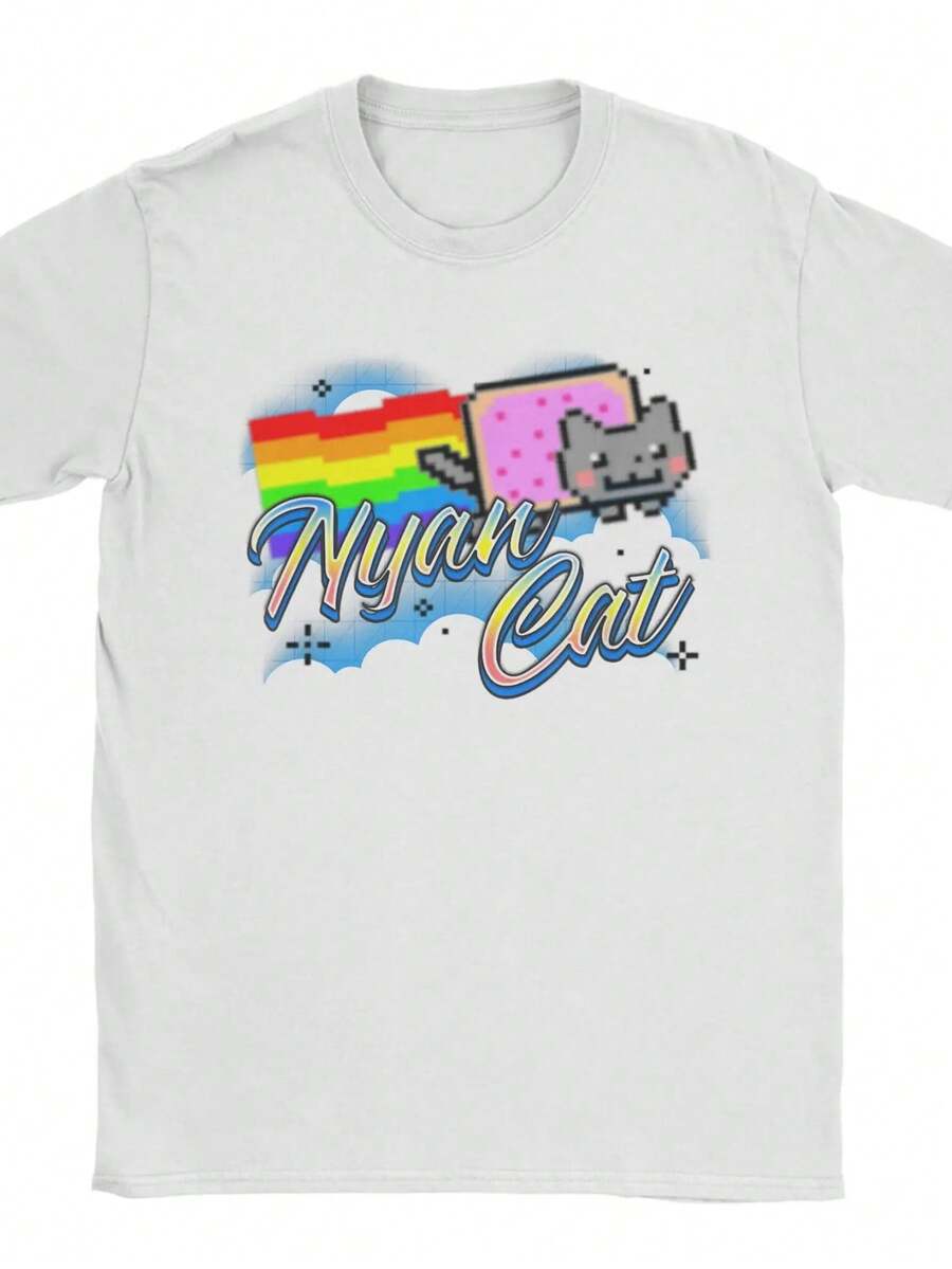 Men's T-Shirts Airbrush Style Nyan-Cats Rainbow Clouds Novelty Cotton Tees Short Sleeve Internet Meme T Shirt Crewneck Clothes. - White 3 - View 1