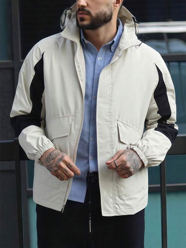 1pc Men's Woven Hooded Jacket, Beige & White Color Blocking, Suitable For Casual Daily And Outdoor Travel