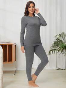 Set da donna casual, composto da top a maniche lunghe con collo rotondo in colore unito e leggings, 2 pezzi, taglie forti, adatto per autunno/inverno - Grigio - Visualizzare 9