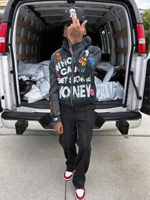 2025 American Style Letter Foam Printed Zip-Up Hoodie For Men, Loose Fit Sweatshirt, Vintage Street Hip-Hop Style - 黑色 - 查看 2