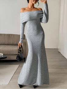 Vestido de suéter ajustado con hombros descubiertos y dobladillo de cola de sirena, unicolor, para otoño/invierno