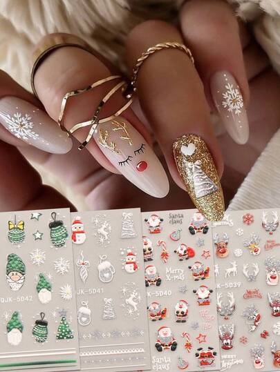 4pcs Christmas Glitter Manicure Relief Stickers - Santa Claus, Snowman, Snowflakes, Elk, Gingerbread Manicure Design For Christmas, Bells And Christmas Hats, Self-Adhesive Manicure Decals For Women, 5D Embossing Finishes, Cute, Shiny And Cartoon Themes, Easy To Apply Nail Decorations, DIY, Holiday Gifts, Party Makeup Styling, Y2K