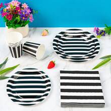 8pcs Black & White Striped Disposable Plates, Napkins And Cups, Suitable For 8 Guests, One-Time Paper Plates Party Supplies For Birthday Party, Family Picnic