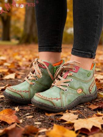  1 双 TMA EYES 女式绿色踝靴 - 经典侧拉链、手工缝线、圆头、平底防滑防水一脚蹬时尚踝靴