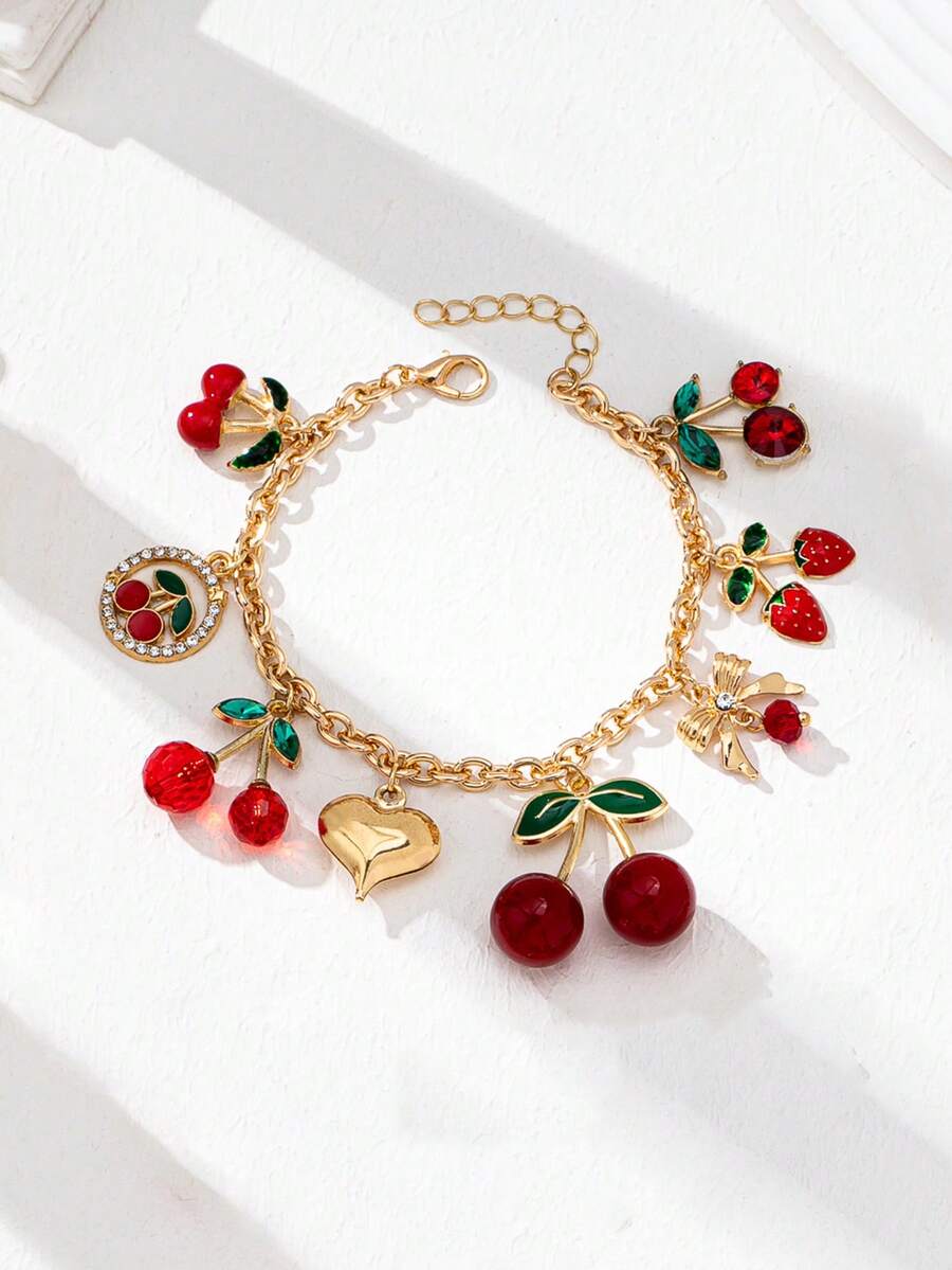 1件金色心形吊坠手链，配有蝴蝶结、牛仔帽、靴子和樱桃吊坠，女士珠宝礼物 - 彩色 - 查看 1