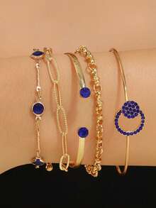 5pcs/Set Minimalist Geometric Navy Blue Circle Rhinestone Inlaid Open Bangle Bracelet Set, Versatile For Christmas Party And Daily Dates - Yellow Gold - View 4