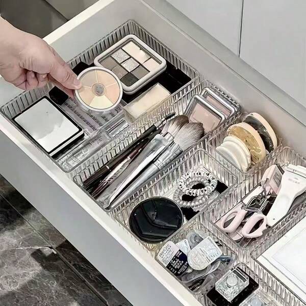 Caja de almacenamiento de maquillaje de gran capacidad de acrílico, caja de exhibición de herramientas de belleza multifuncional, bandeja de almacenamiento dividida de varios tamaños, herramientas de manicura, caja de almacenamiento de cosméticos, organizador de tocador, caja de almacenamiento de escritorio y gabinete, accesorios de baño, organizador de rostro y cajón, organizador multiusos para almacenamiento en el hogar