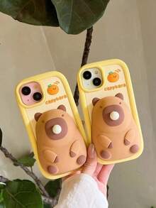 Cute Capybara Cartoon Silicone Phone With Bubble Toy, Stress Relief Protective Cover Compatible With 11 12 13 14 15 Pro - 棕色 - 查看 4