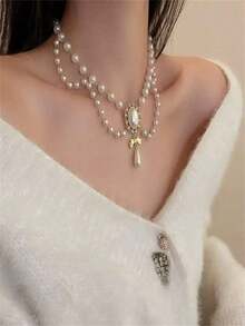 1pc Lolita Style Baroque Inspired Faux Pearl Tassel Necklace For Women – Elegant Choker Accessory Perfect For Parties, Events, Weddings & Special Occasions, Vintage-Inspired Statement Jewelry - 白色 - 查看 9