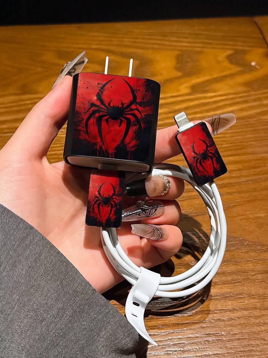 4 件复古蜘蛛设计手机充电配件套装 - 20W/18W 充电器适配器、适配器盖，兼容 11/12/13/14/15/16/13 Pro Max/16 Pro Max/17 Pro Max - 紅色 - 查看 1