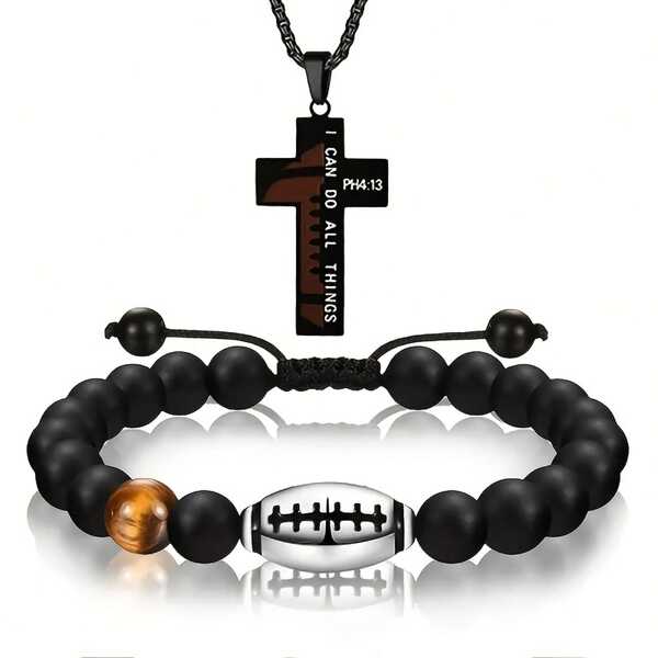 Stainless Steel Football Necklace And Football Bracelet, Suitable As A Gift For Boys, Comes With A Blessing Card, Ideal Choice For Son, Good Friend, Brother, Partner