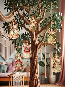 6-12 pezzi Ciondolo decorativo natalizio in legno retrò a forma di angelo per albero di Natale, decorazione per la casa