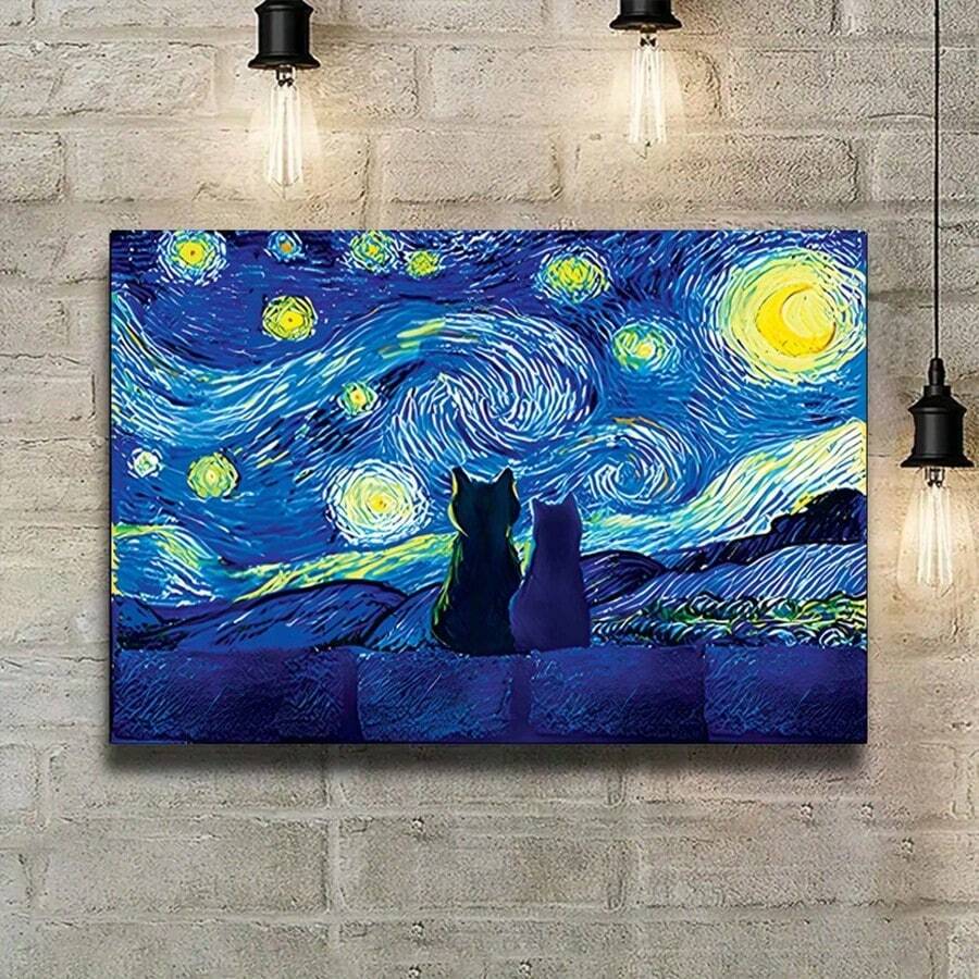 1 pieza Pintura en lienzo de arte, Pintura al óleo de Van Gogh en lienzo, Póster de gato bajo las estrellas, Decoración de pared para baño, dormitorio, oficina, sala de estar, sin marco, pósteres para habitación, decoración del hogar, decoración de habitación vintage, decoración de pared Cottagecore