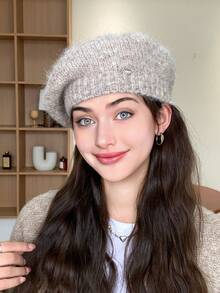 1pc Women's Classic Fuzzy Beret Hat, Knitted Solid Cloud Beanie, Fine Fleece Painter Cap, Casual Style Newsboy Hat, Suitable For Autumn/Winter Daily Wear, Walkable, Shopping