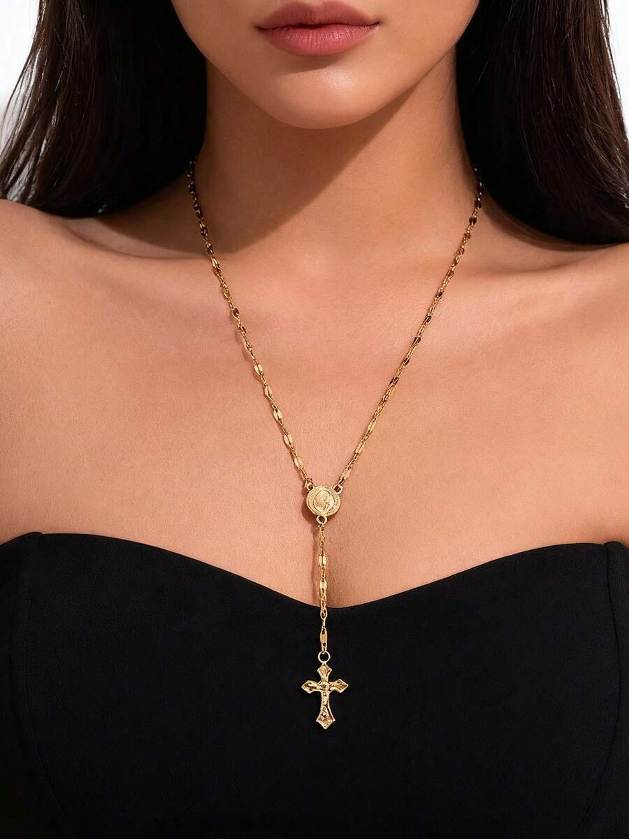 1 件时尚彩色心形和圣母玛利亚浮雕 Y 形长项链，带复古宗教十字架吊坠，适合女性日常佩戴和派对拍照 - 彩色 - 查看 1