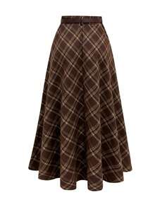 EARO Plus Size Brown Plaid Skirt, Fashionable, Minimalist, Elegant, Versatile, Loose And Slimming