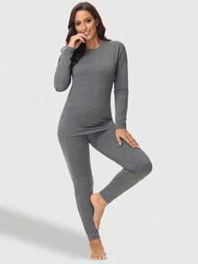 Set da donna casual, composto da top a maniche lunghe con collo rotondo in colore unito e leggings, 2 pezzi, taglie forti, adatto per autunno/inverno - Grigio - Visualizzare 8