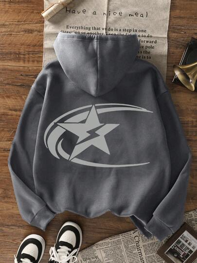 Neues minimalistisches Herbst-/Winterdesign, Cartoon geometrischer Sternendruck, lässiger Rundhals-Langarm-Fleece-Hoodie-Sweatshirt für Damen, vielseitig einsetzbar