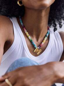 1pc Bohemian Style Colorful Natural Stone Beaded 26 Letter Copper Pendant Necklace, Suitable For Daily, Vacation, Travel, Casual Wear, Fashion Jewelry Gift For Family And Friends