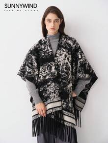 1 件女士风景印花涤纶休闲保暖厚披肩，适合秋冬季日常使用 - 黑色 - 查看 7