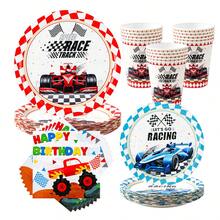 Platos, servilletas y vasos desechables con diseño de coche de carreras de fórmula, suministros para fiesta con servilletas y vasos con diseño de coche de carreras de fórmula, adecuado para 8 invitados, platos de papel desechables y vajilla para fiesta, adecuado para fiestas de cumpleaños, picnics familiares - Multicolor - Ver 3