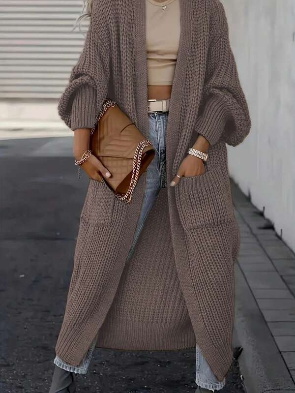 2025 New Winter Women Casual Loose Knit Long Sleeve Cardigan, Open Front No Button With Pockets, Oversized Slouchy Extra Long Sweater