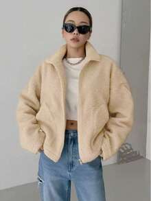 Women's Casual Fleece Jacket With Zipper Front And Pockets, Warm Outerwear For Autumn/Winter - Khaki - View 1