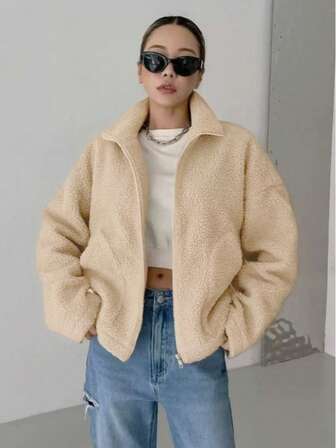 Women's Casual Fleece Jacket With Zipper Front And Pockets, Warm Outerwear For Autumn/Winter