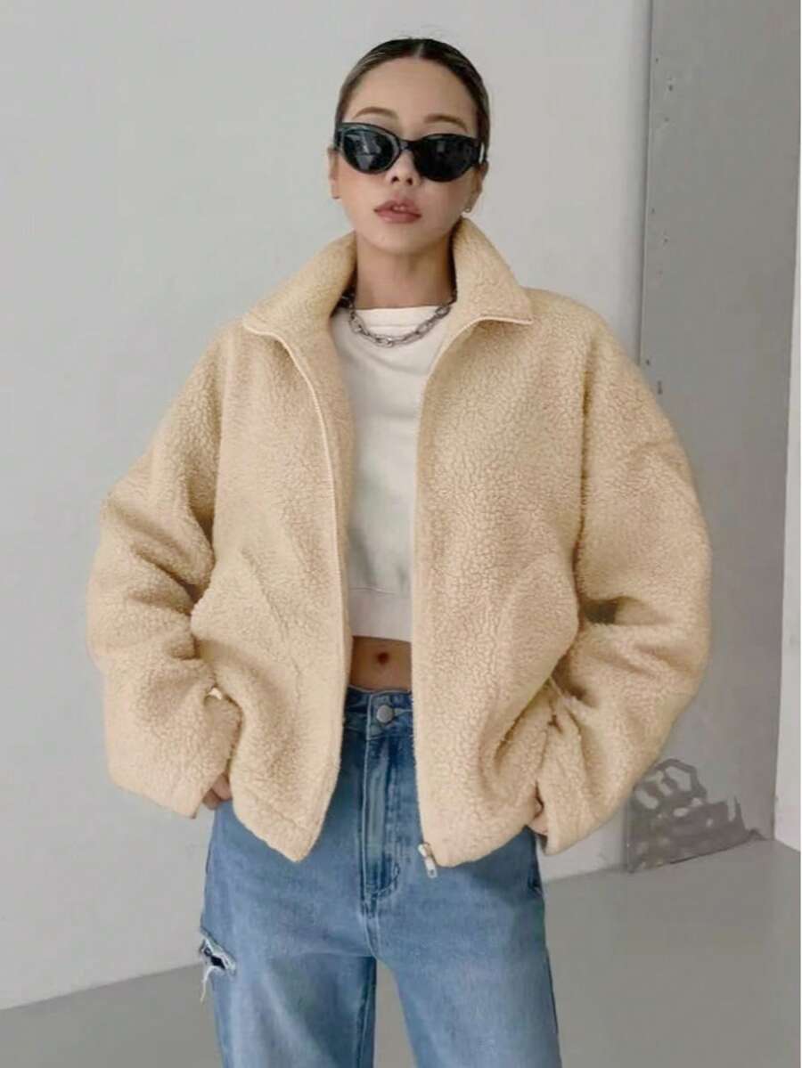 Women's Casual Fleece Jacket With Zipper Front And Pockets, Warm Outerwear For Autumn/Winter - Khaki - View 1
