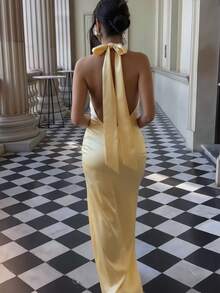 Basrey New Elegant Women's Solid Color Tie Waist Pleated Backless Cocktail Dress, Fishtail Hem, Long Gown, Suitable For Weddings, Parties, Dates, Valentine's Day And Other Occasions - Creamy Yellow - View 3