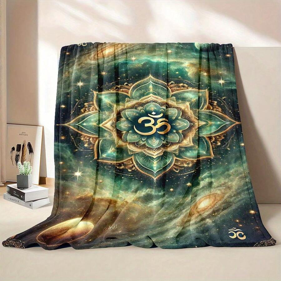 1 pezzo Coperta in flanella con simbolo Om cosmico per loto - Design vivace di Om in turchese e oro, coperta morbidissima per tutte le stagioni per letto, divano, campeggio, ufficio - regalo perfetto per feste, compleanni e occasioni speciali, coperta per letto, essenziali da campeggio, decorazione spirituale, peluche