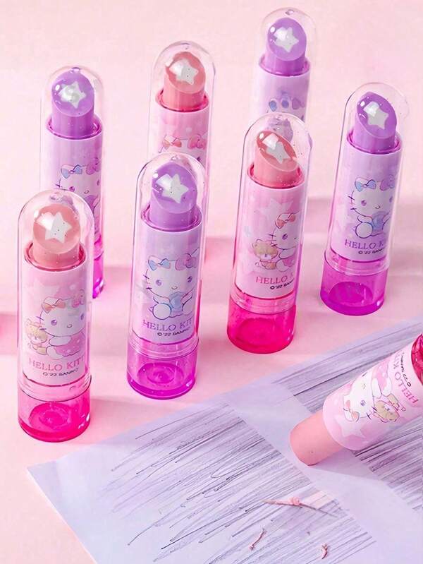 Sanrio Borracha em formato de batom Sanrio Series KT, 1/4 unidades, cores vibrantes, design fofo de gato, inovadora, fácil de apagar, não suja, ideal para estudantes, artistas e apaixonados por papelaria. Este é um presente ideal para crianças. [Cor aleatória]