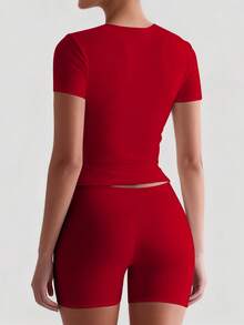 XLLAIS 2026 Small Round Neck Short Sleeve Tops Solid Basic Skinny Sport Fit Women Casual Red T-Shirt Four Season Near Year Red Top Summer - Bright Red - View 2