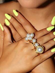 1 Set mit 3 offenen Vintage-Metallringen in Münzform, dicke, glatte, asymmetrische, geometrische, stapelbare Ringe, Set mit Kunstperlenringen für Damen, Alltagskleidung, Weihnachtsgeschenk, Party- und Musikfestival-Accessoire, Cut-Out