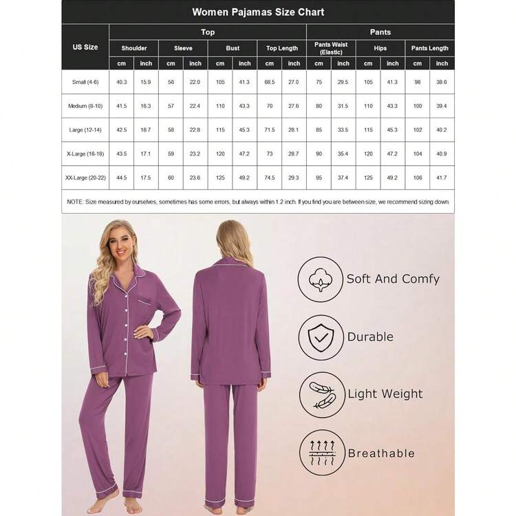 Women's Long Sleeve Button Down Pajama Sets Soft Loungewear Sleepwear For Women S-XXL - Fuchsia - View 5