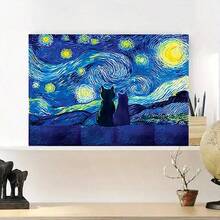 1 pieza Pintura en lienzo de arte, Pintura al óleo de Van Gogh en lienzo, Póster de gato bajo las estrellas, Decoración de pared para baño, dormitorio, oficina, sala de estar, sin marco, pósteres para habitación, decoración del hogar, decoración de habitación vintage, decoración de pared Cottagecore