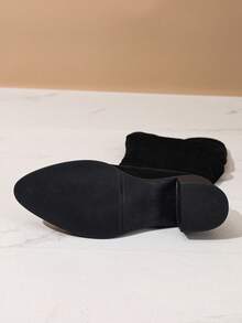 女式厚底尖头仿麂皮褶皱黑色及膝靴，春秋冬时尚 - 黑色 - 查看 7